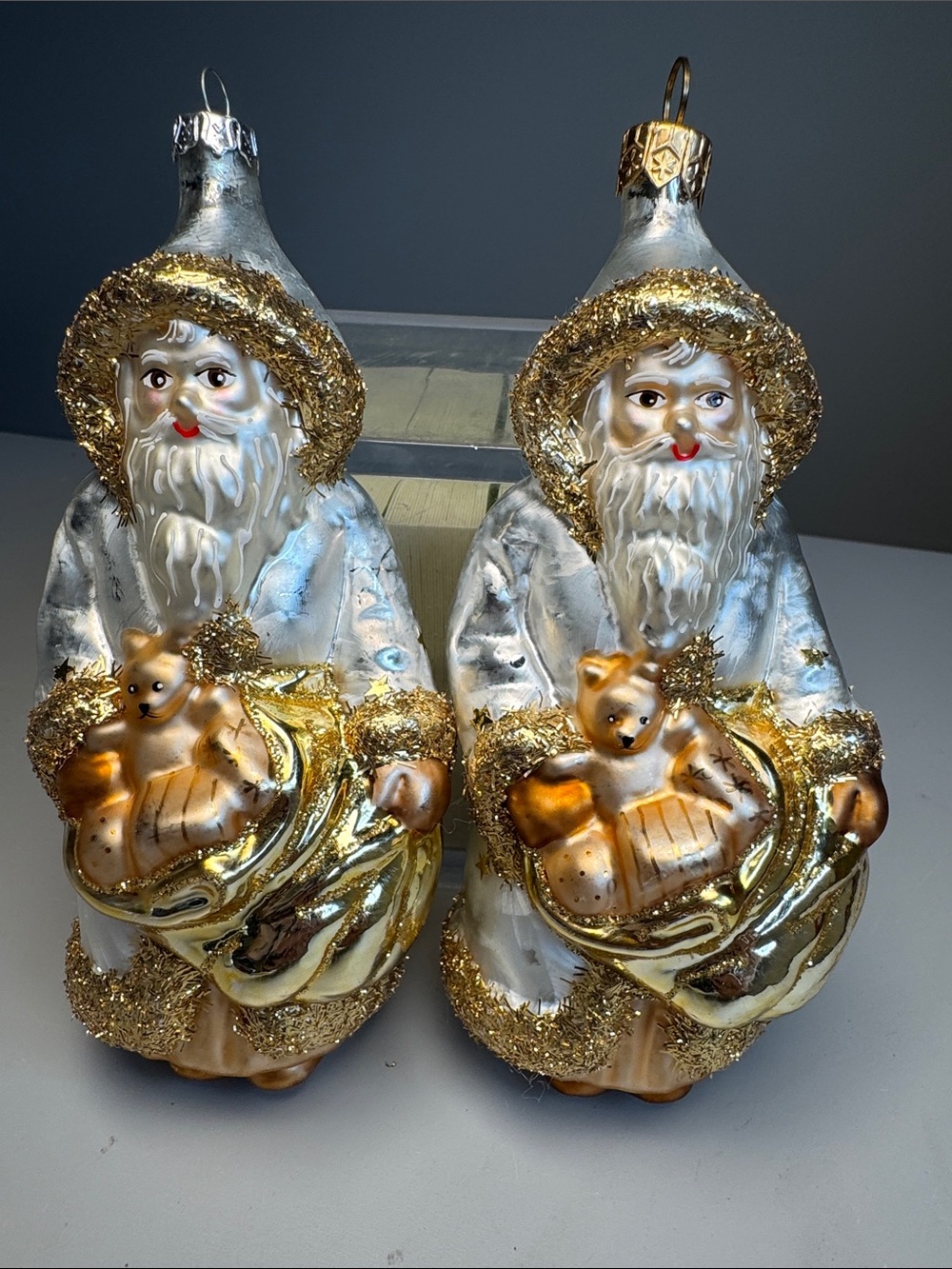 Christopher Radko Santa with Gold Flakes & Stars Ornament 6" Tall Set of 2